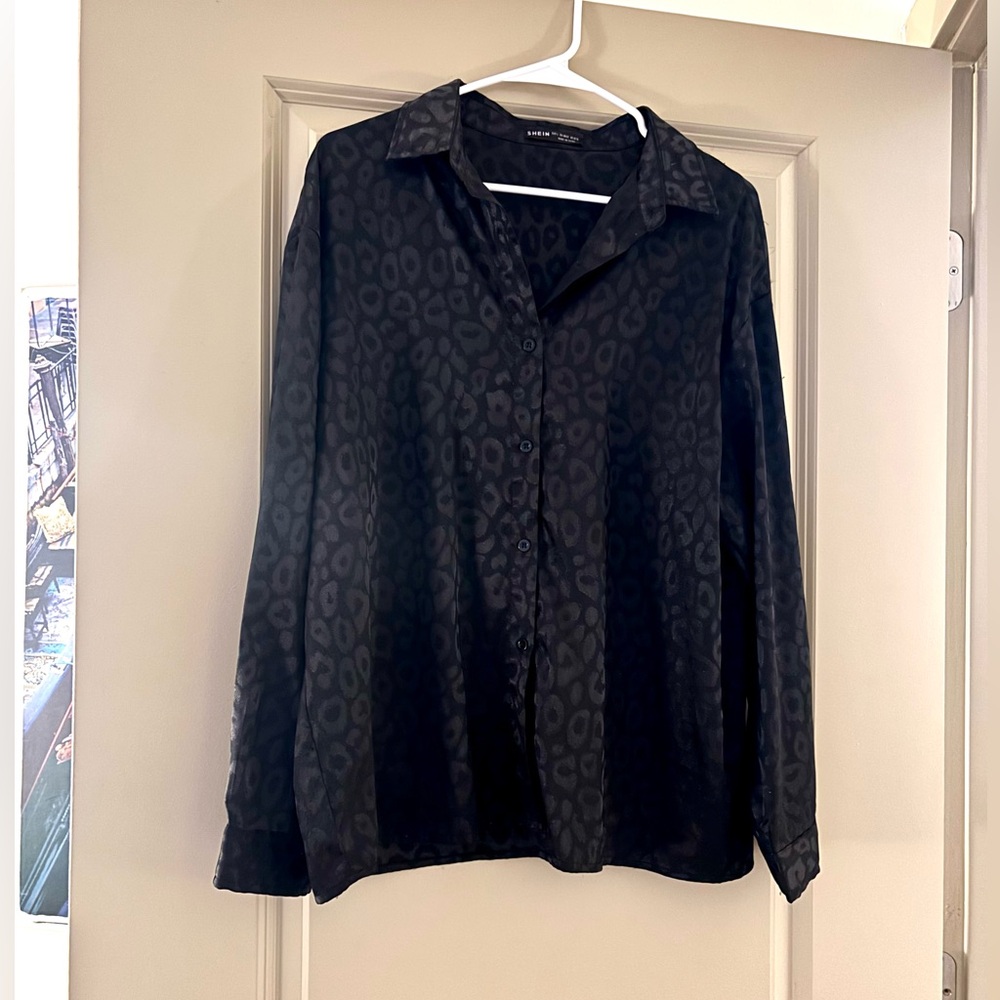 Leopard Print Black Satin button down